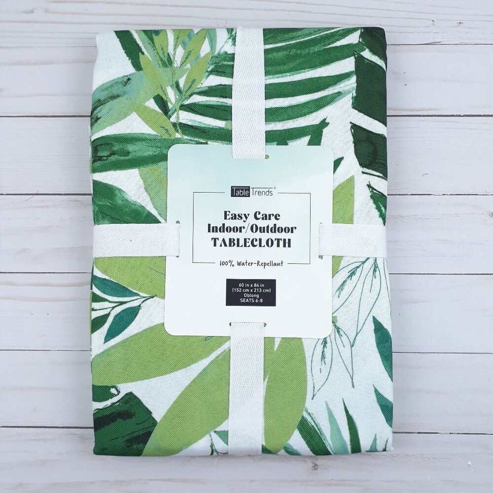 Table Trends Fabric Tablecloth 60x84 Easy Care Tropical Leaves Juno Palms Green